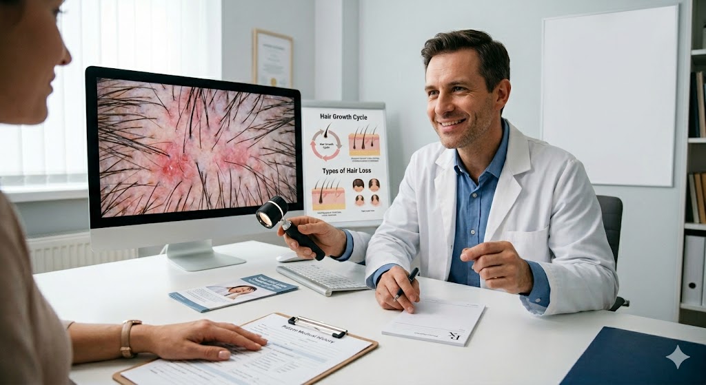 Hair loss specialist conducting a scalp analysis consultation, showing follicle imagery on screen to a patient at a UK hair loss clinic.
