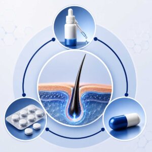 Medical illustration showing evidence-based treatments for hair loss