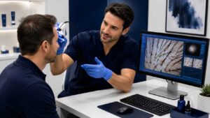 Hair specialist performing a personalised hair loss assessment