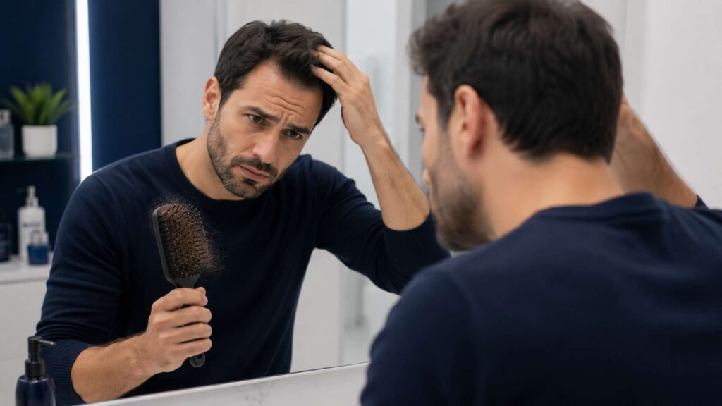 Man noticing hair loss while checking his hair in the mirror