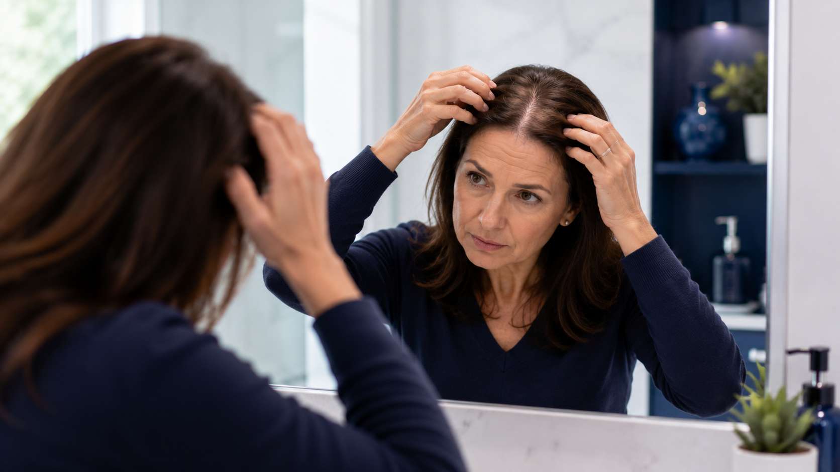Woman checking signs of hormone-related hair thinning in the mirror