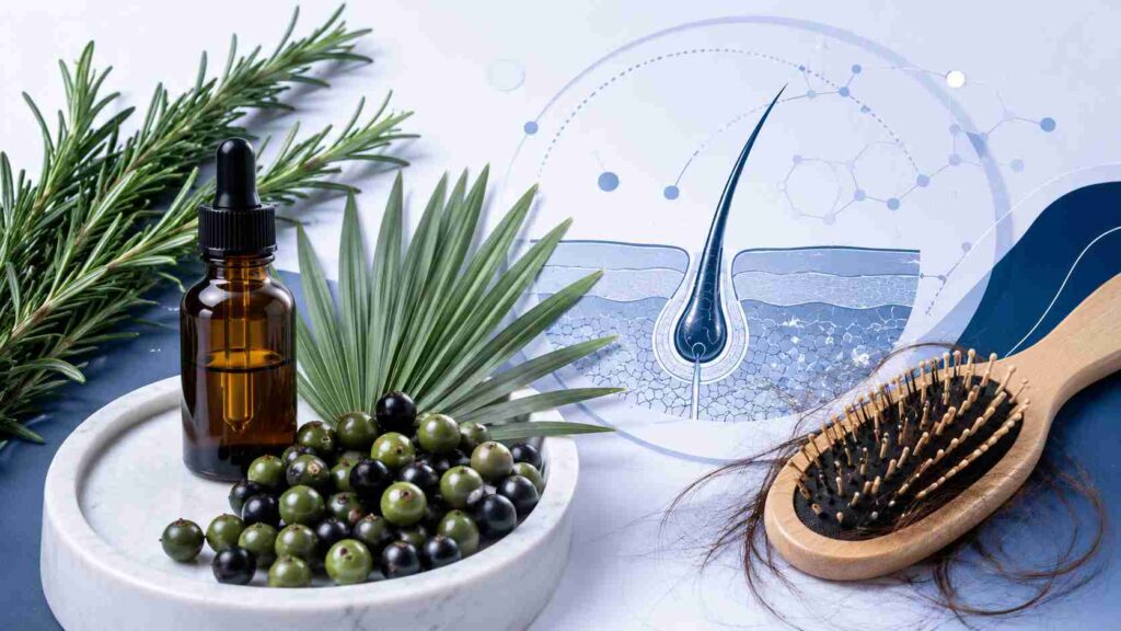 Natural hair loss treatments including rosemary oil and saw palmetto