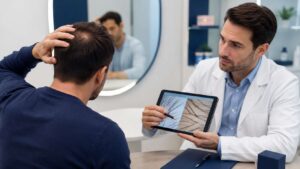 Man discussing Dutasteride hair loss treatment with a hair specialist