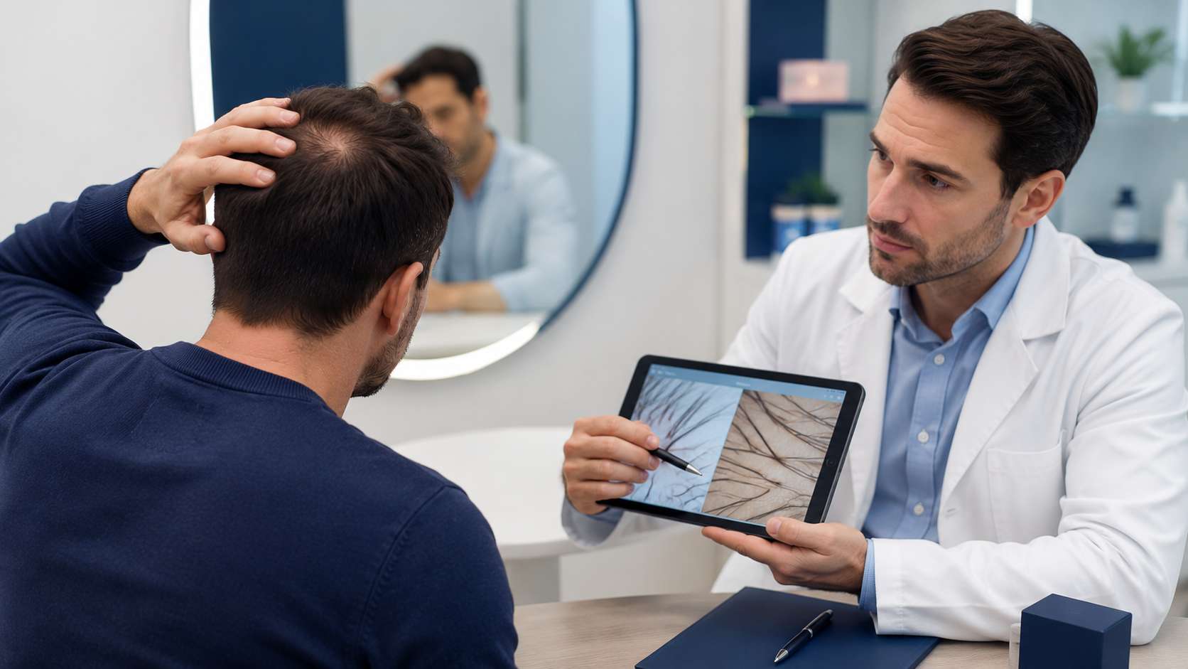Man discussing Dutasteride hair loss treatment with a hair specialist
