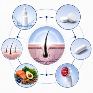 Medical illustration showing evidence-based non-surgical hair loss treatments