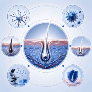 Medical illustration showing why white hairs regrow first in alopecia areata