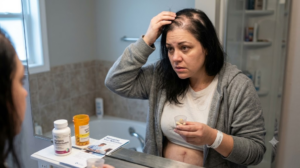 A woman examines thinning hair in a bathroom mirror while holding supplements after weight loss surgery, illustrating post-bariatric hair loss and recovery.