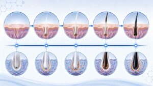 Medical illustration showing the stages of white hair regrowth and colour returning
