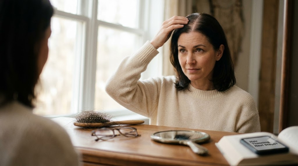 Woman checking a widening parting in the mirror, an early symptom of hair thinning in women, with shed hair visible on a brush