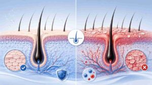 Medical illustration comparing a healthy scalp with an inflamed dandruff-affected scalp