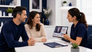 Hair specialist discussing non-surgical hair loss treatment options with patients