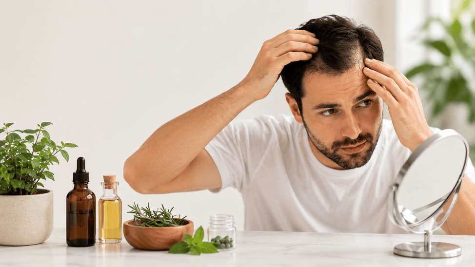 Man examining thinning hairline in a mirror with natural hair loss treatments including rosemary oil, herbal remedies and supplements on the table