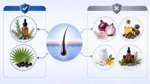 Medical illustration comparing evidence-based and unproven natural hair loss remedies