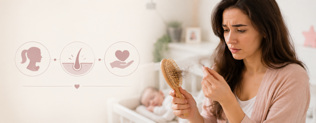 Mother experiencing postpartum hair loss while looking at loose hair in a hairbrush, with a sleeping baby in the background and subtle hair health icons representing recovery and treatment.