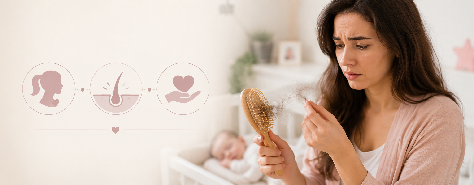 Mother experiencing postpartum hair loss while looking at loose hair in a hairbrush, with a sleeping baby in the background and subtle hair health icons representing recovery and treatment.