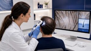 Hair specialist assessing alopecia areata recovery using digital scalp analysis