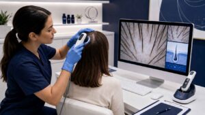 Hair specialist assessing hair loss after GLP-1 medication treatment