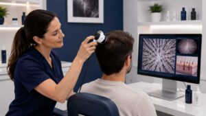 Hair specialist carrying out a personalised hair loss consultation
