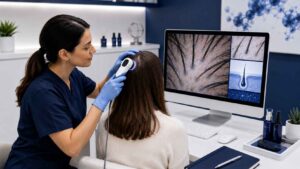 Hair specialist assessing scalp health and dandruff-related hair concerns