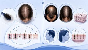 Medical illustration comparing telogen effluvium with male and female pattern hair loss