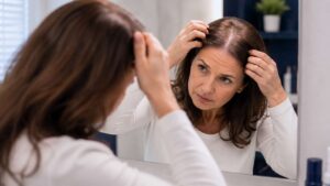 Woman checking early signs of hair thinning in the mirror