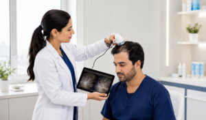 "Hair specialist examining a male patient's scalp with a digital scalp scanner during a hair loss consultation in a modern dermatology clinic."