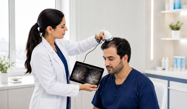 "Hair specialist examining a male patient's scalp with a digital scalp scanner during a hair loss consultation in a modern dermatology clinic."