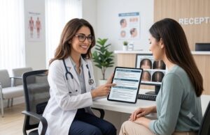 Realistic female doctor in a white coat and stethoscope explaining a personalised hair loss treatment plan to a female patient in a modern clinic.