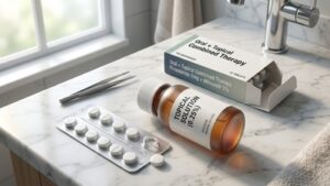 Hair loss treatment products, including oral finasteride tablets and a topical solution bottle, displayed for hair care and treatment.