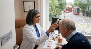 UK hair loss specialist and older male patient in a modern clinic. The trichologist uses an advanced dermatoscope for a personalized scalp analysis.