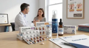 Doctor discussing hair loss treatment with a patient, with Finasteride, Dutasteride, Minoxidil, solutions and a consultation folder on the desk.
