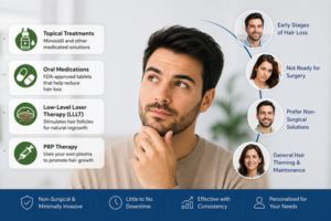 Young man considering non-surgical hair loss treatments, including topical solutions, oral medications, laser therapy and PRP.