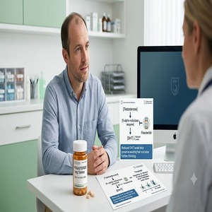 Doctor explaining how finasteride tablets work to a patient, with a DHT reduction diagram, medication bottle, and hair-loss treatment information on the desk.