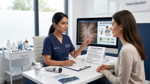 A female clinician in navy scrubs discusses hair loss treatment with a patient in a medical clinic, referencing scalp imagery on a desktop monitor.