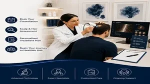 Hair loss consultation with a specialist performing a scalp analysis to develop a personalised treatment plan in a professional clinic.