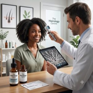 Hair specialist assessing a woman's scalp with a digital hair analysis device while discussing Minoxidil treatment at The Hairology Centre.