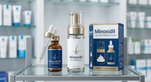 Minoxidil 2% and 5% topical solution bottles with droppers on a bathroom counter, showcasing hair loss treatment products for men and women.