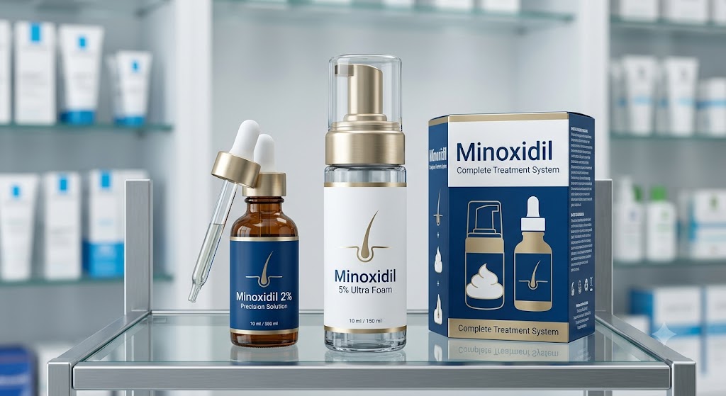 Minoxidil 2% and 5% topical solution bottles with droppers on a bathroom counter, showcasing hair loss treatment products for men and women.