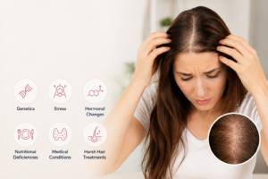 Woman examining thinning hair with a widened scalp part, alongside icons highlighting common causes including genetics, stress, hormonal changes, nutrition, medical conditions, and harsh hair treatments.