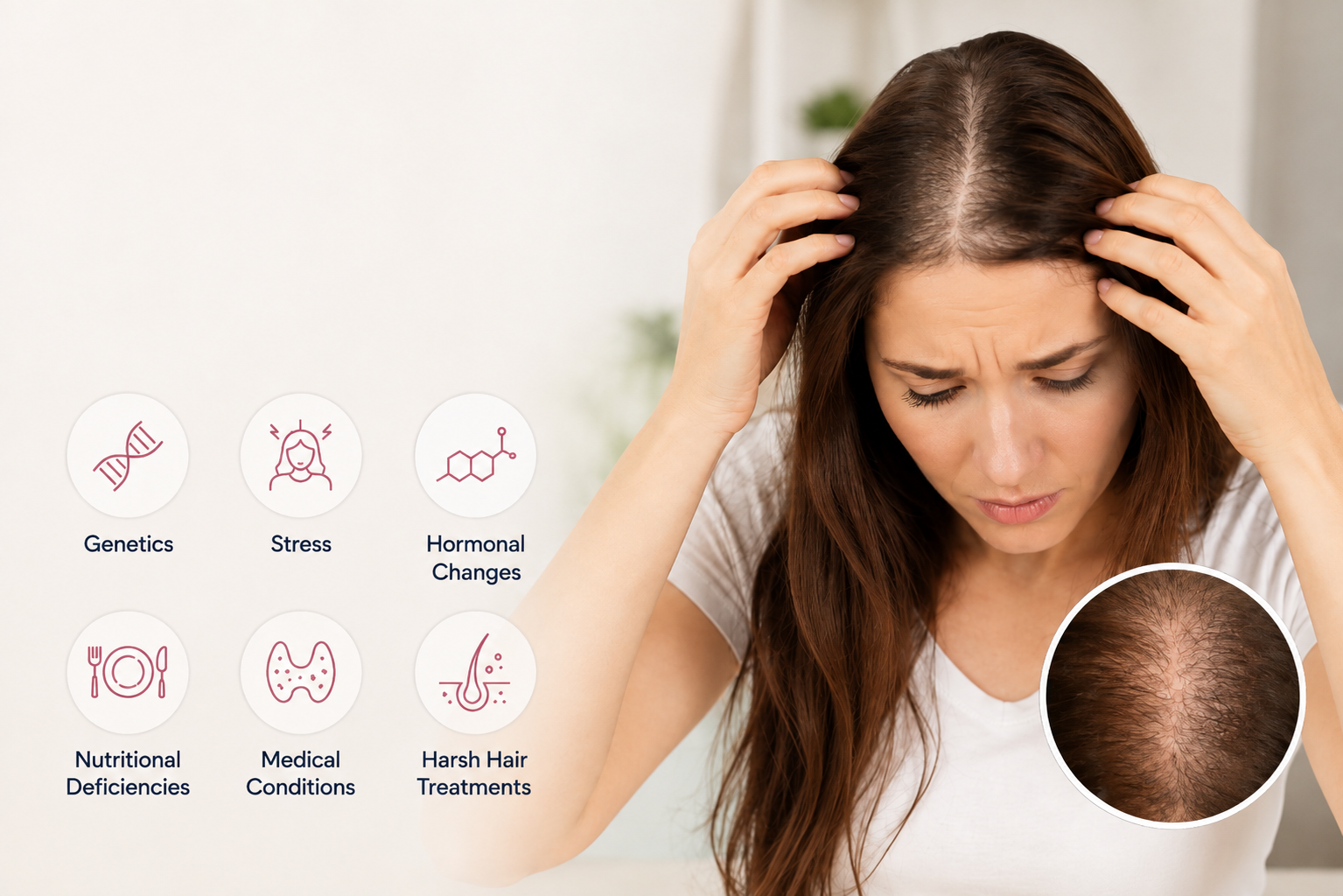 Woman examining thinning hair with a widened scalp part, alongside icons highlighting common causes including genetics, stress, hormonal changes, nutrition, medical conditions, and harsh hair treatments.