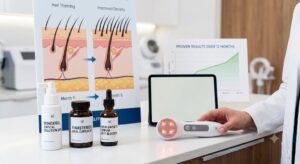 Non-surgical hair loss treatment display featuring minoxidil, finasteride, hair serum, LED therapy device, and hair growth progress charts in a clinic.