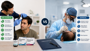 Comparison of non-surgical and surgical hair loss treatments, showing a scalp consultation with medications versus hair transplant surgery and key benefits and risks.