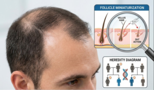 Male pattern baldness with thinning hair on the crown, accompanied by diagrams explaining hair follicle miniaturization, DHT action, and genetic causes of hair loss.