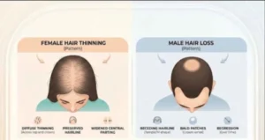 Comparison of female hair thinning and male pattern hair loss showing common thinning patterns, receding hairline, crown thinning, and bald patches