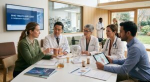 Trichologist, dermatologist and prescribing pharmacist discussing hair loss treatment together, showing a collaborative approach to diagnosis