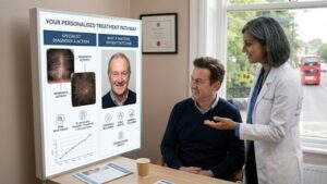 UK hair loss specialist and older male patient in a modern clinic. The trichologist uses an advanced dermatoscope for a personalized scalp analysis.