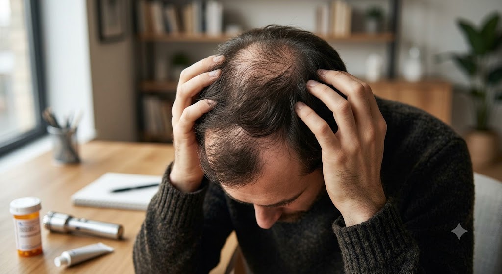Worried man examining his thinning hair and crown hair loss at a desk, considering different hair loss treatment options and products.