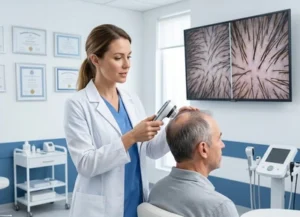 Female hair growth specialist using a digital scalp scanner during a consultation with a male patient in a modern medical clinic.