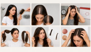 Realistic six-panel collage showing common signs of hair thinning, including shedding, widening part, stress, reduced volume, texture changes and scalp irritation.