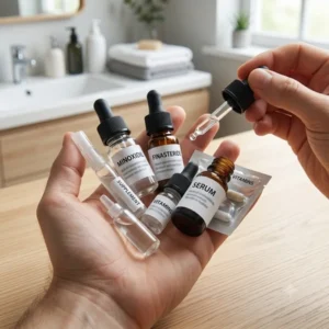 A person holding a variety of hair loss treatments, including Minoxidil, Finasteride, scalp serums, and daily supplement pills.